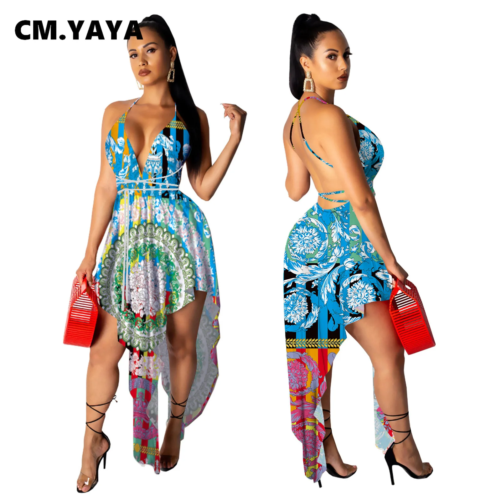 Женское платье макси с лямкой на шее длинное в разноцветную полоску глубоким V