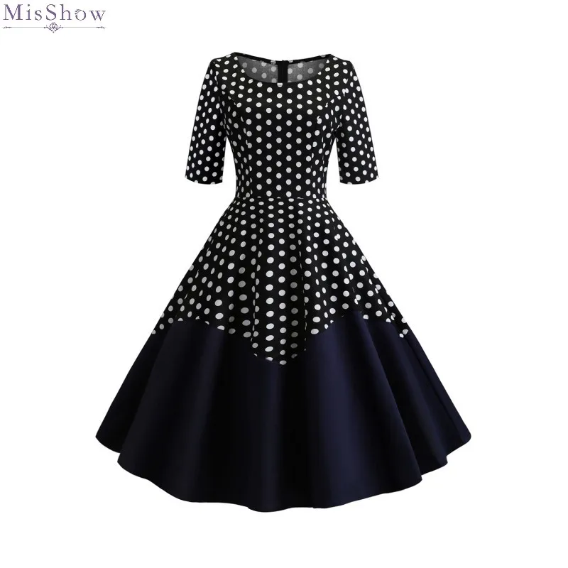 

Коктейльные платья до колен 2019 в горошек с коротким рукавом