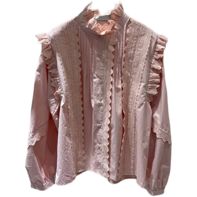 

Spring 2021 new sweet temperament age reduction wood ear edge button long sleeve blouse blouse trend