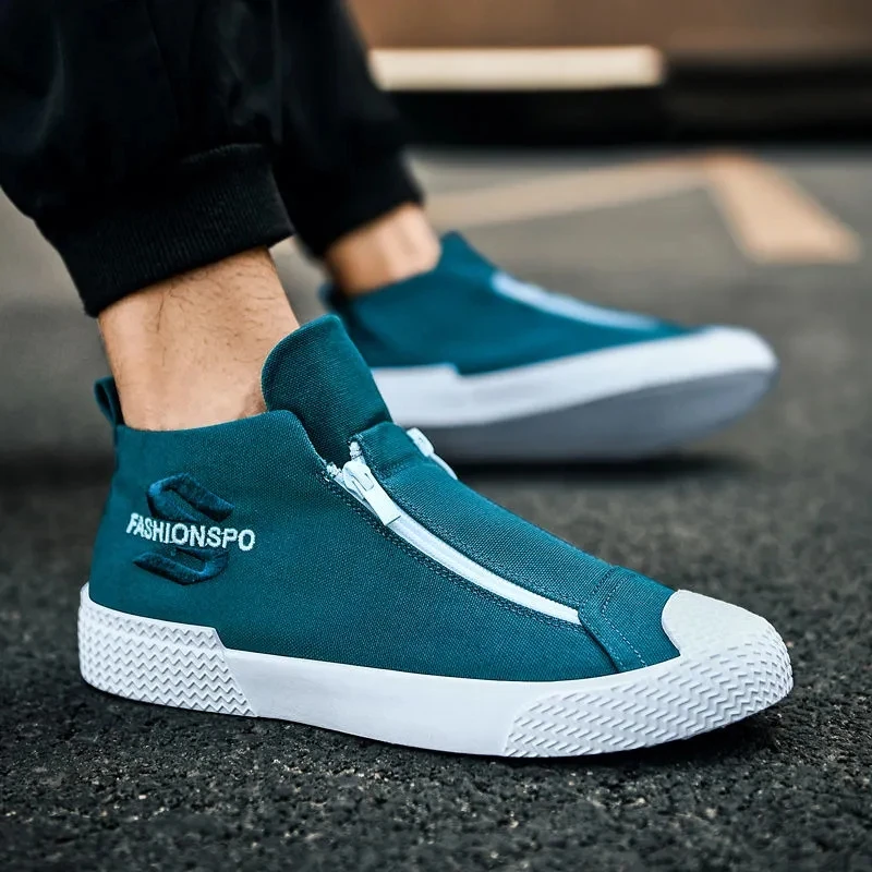 

New Men's Shoes Solid Color Zipper Thick Bottom Non-lace Breathable Sneakers 2021 All-match Low-cut Comfortable Vulcanized Shoes
