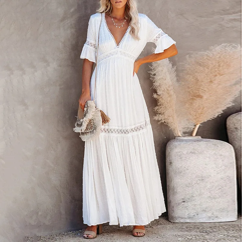 

White Swiss Dot Lace Trim Maxi Dress