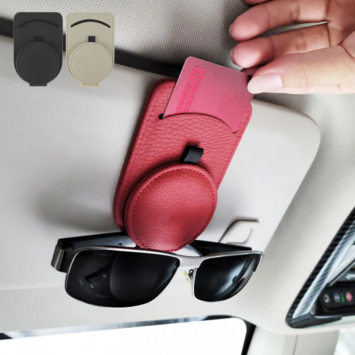 

Автомобильный держатель для очков, универсальный автомобильный держатель для козырька, кожаная вешалка для очков, зажим для билета, карточ...