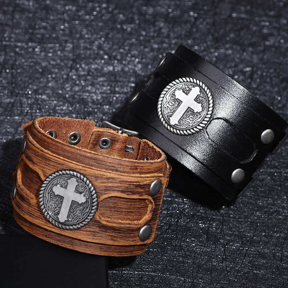 

Banru Pop Punk Cattle Leather Bracelet Cross Wide Leather Bracelet Men's Leather Bracelet Wholesale Dropshipping