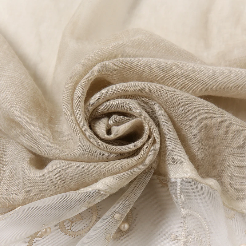 

Hot Selling Plain Embroidered Cotton Scarf Pearl Floral Cotton Scarves Shawl Women Muslim Hijab Autumn Female Flower Headband
