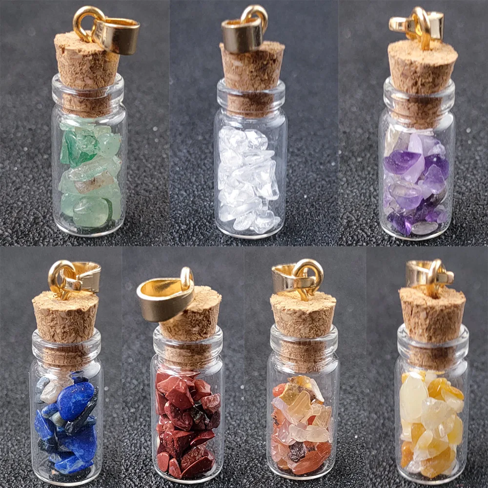 

Natural Gravel Seven Chakras Stone Drifting Bottle Pendant Wishing Bottle Necklace With Black Leather Chain