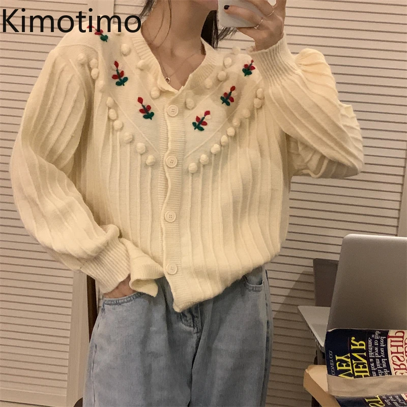 

Kimotimo Embroidery Knit Cardigan Women Autumn Winter Sweet Cute Fur Ball Sweater Coat Korean Chic Long Sleeve All-match Tops