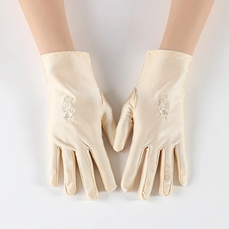 

Women Elegant Satin Short Gloves Embroidery Wrist Protection Glove Mittens Spring Summer Retro Flowers Hand Gloves