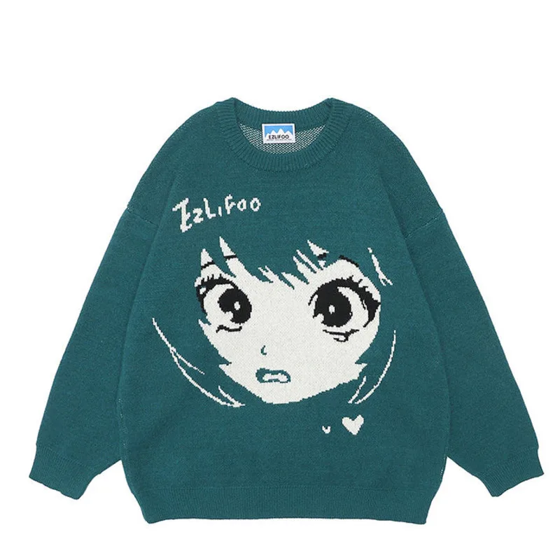 

Women Knitted Sweater Harajuku Men Style Anime Hip Hop Autumn Japanese Streetwear Loose Pullover Fashion O-neck Long Sleeve