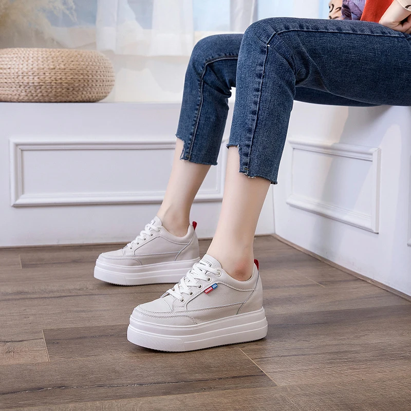 

Women Beige/White Height Increasing Shoes Genuine Leather Platform Shoes Spring/Summer/Autumn/Winter Casual Lady Female Loafers