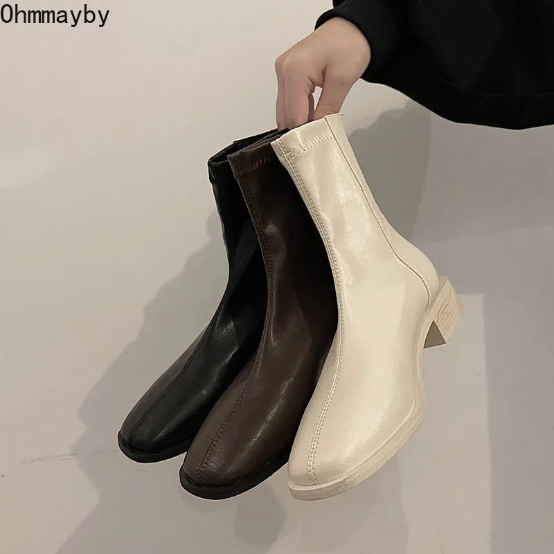 

2021 Winter Women Ankle Boots Square Heel Zipper Fashion Soft Leather Ladies Short Booties Woman Chelsea Boats botas de mujer