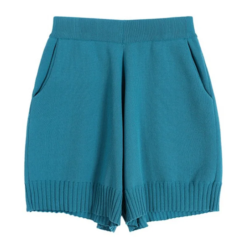 Женские трикотажные шорты с высокой талией летние прямые широким поясом QL