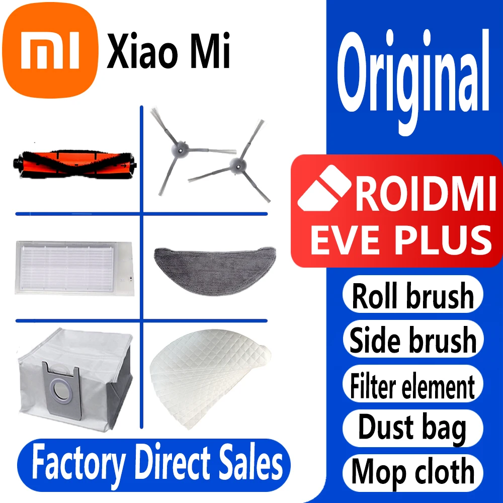 

For XiaoMi Roidmi Eve Plus Sweeping Robot Original Accessories Rolling Brush Side Brush Filter Element Mop Dust Bag Package