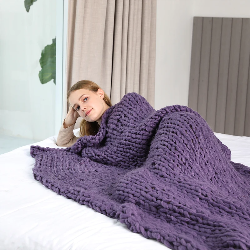Зимние однотонные вязаные одеяла ручной работы толстые из мериносовой шерсти