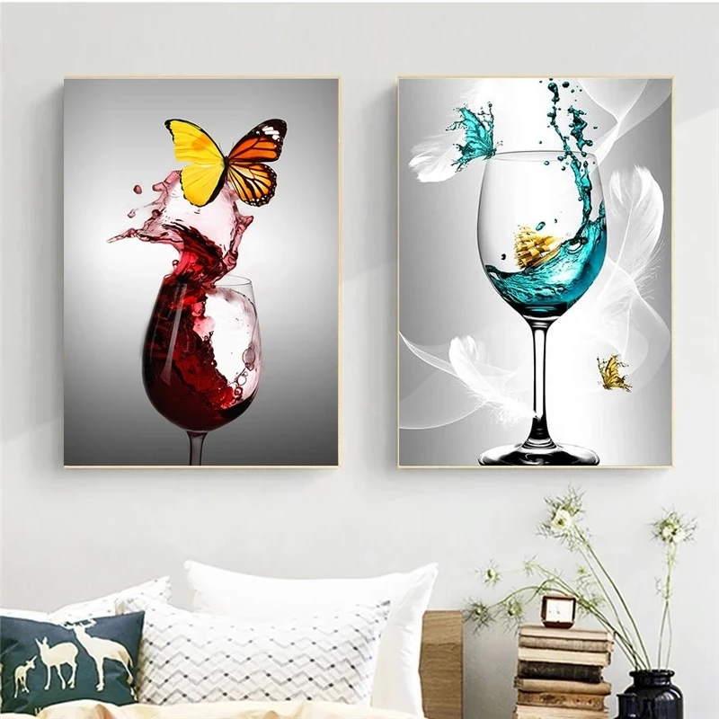 Abstract Art Beautiful Butterfly on Red Wine Glass Canvas Painting Poster and Print Wall Pictures for Living Room Home Decor | Дом и сад