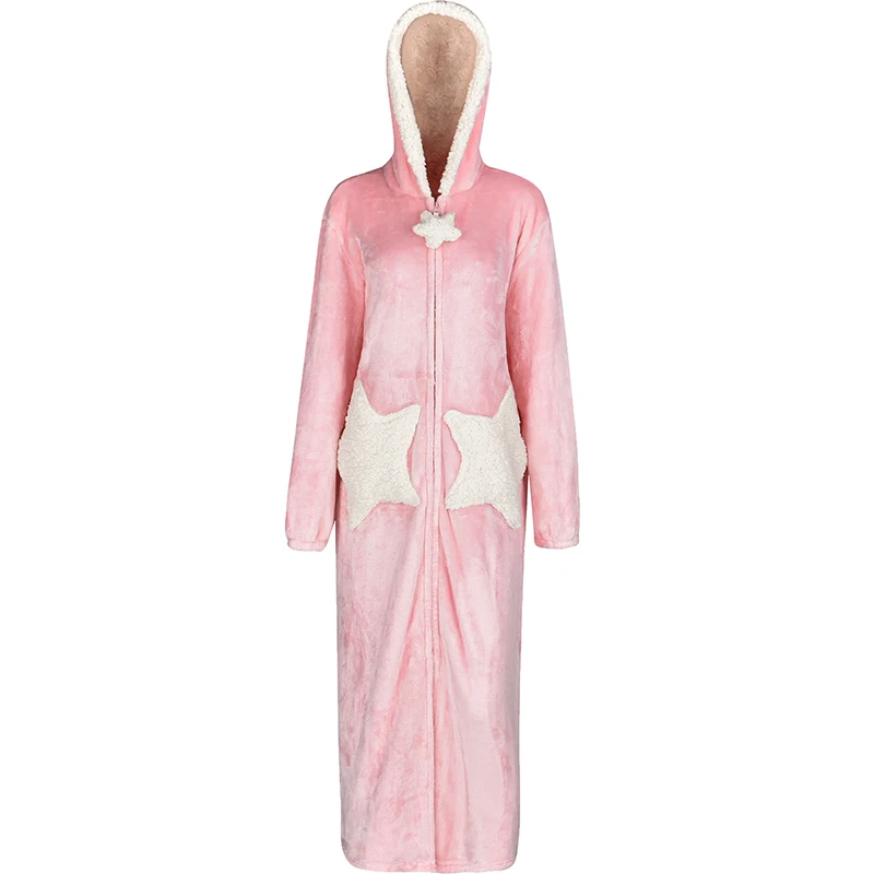 Men Star Pink Женское длинное теплое Фланелевое кимоно больших размеров, банный халат с капюшоном и рисунком звезды и Луны, флисовый банный халат, милое Ночное платье, Мужская одежда для сна - Цвет: Men Star Pink