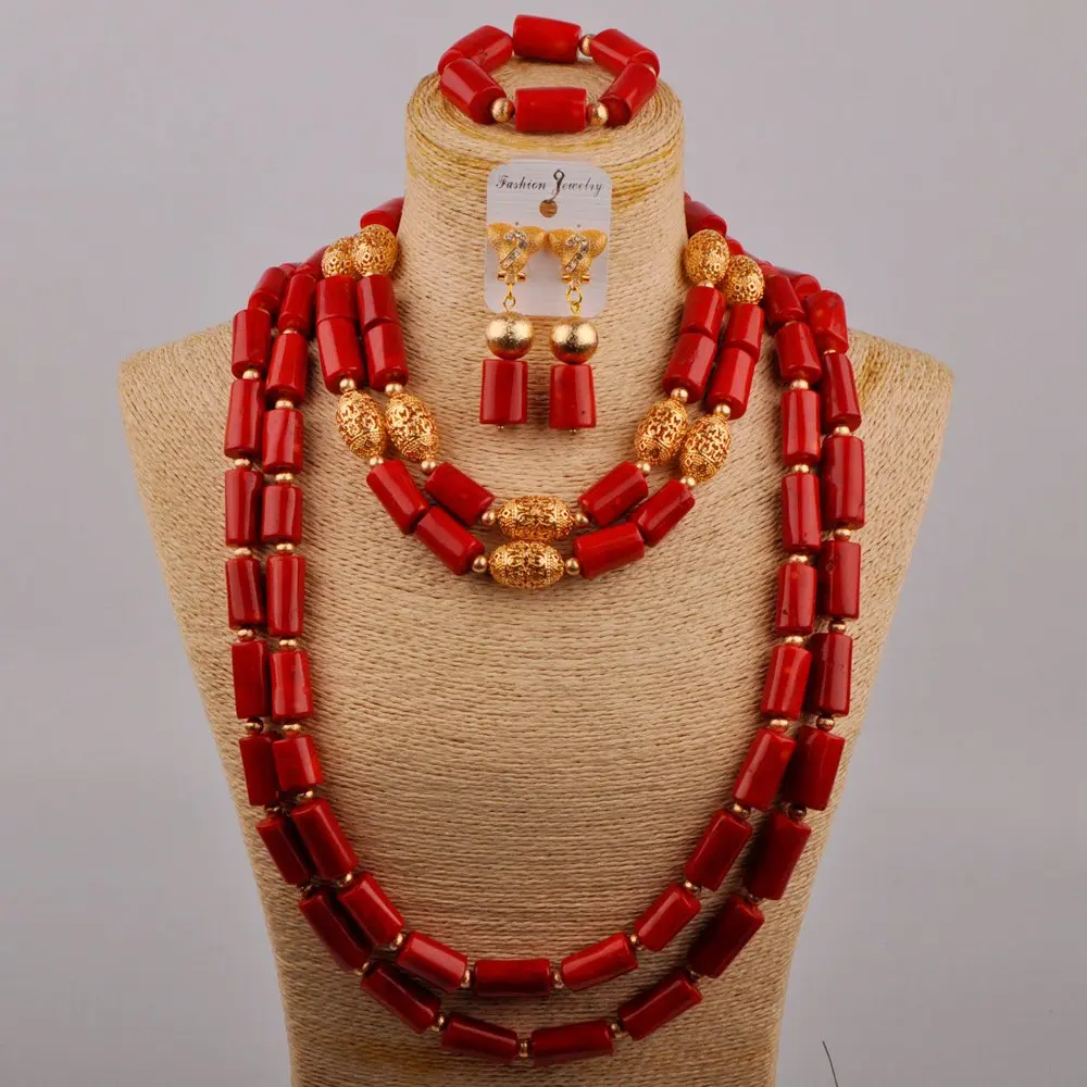 

Nigerian Wedding African Beads Red Coral Jewelry Set Costume Necklace Bridal Jewelry Sets