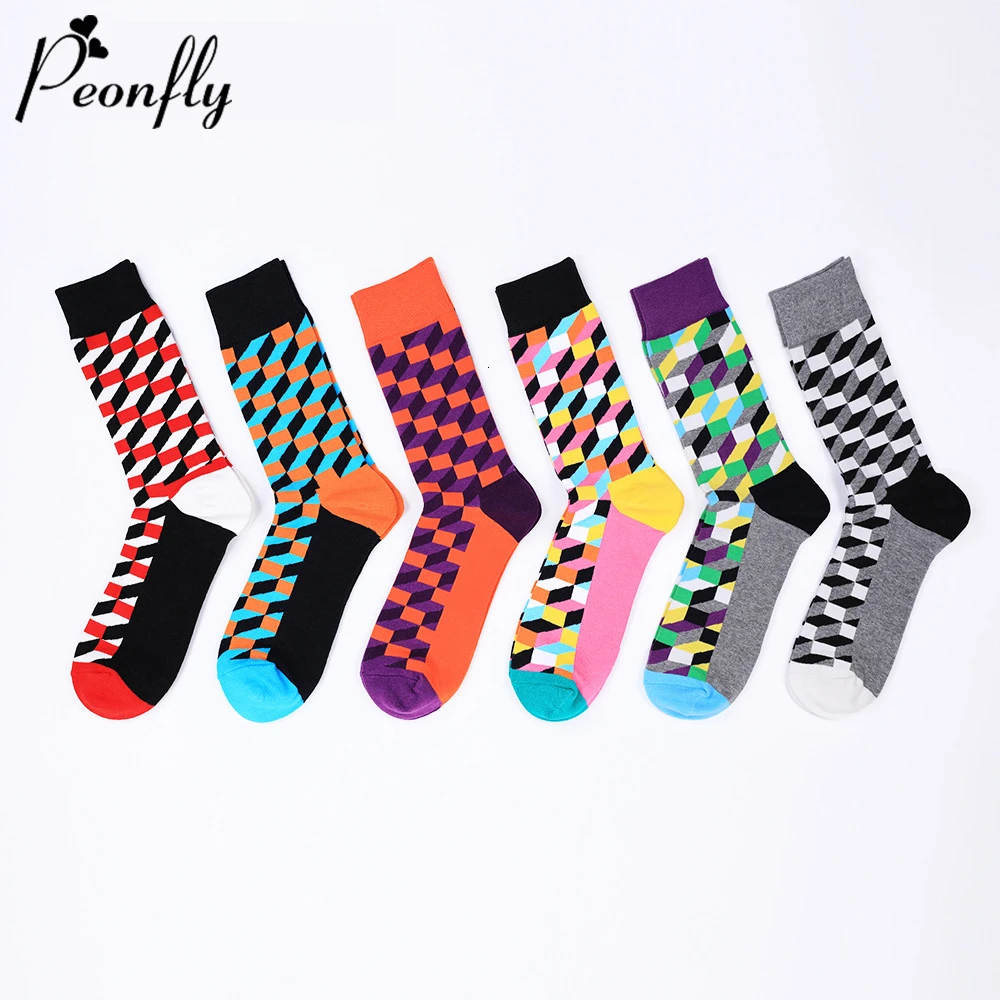 

Peonfly Pair 1 Autumn Winter Harajuku Colorful Plaid Geometry Cotton Men Trend Streetwear Skateboard Socks