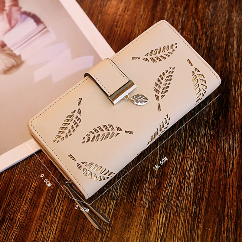 

Hollow Gold Leaves PU Leather Women Long Wallet Female Zipper Phone Purse Money Pouch for Lady Coin Card Holders Clutch Bag Sac