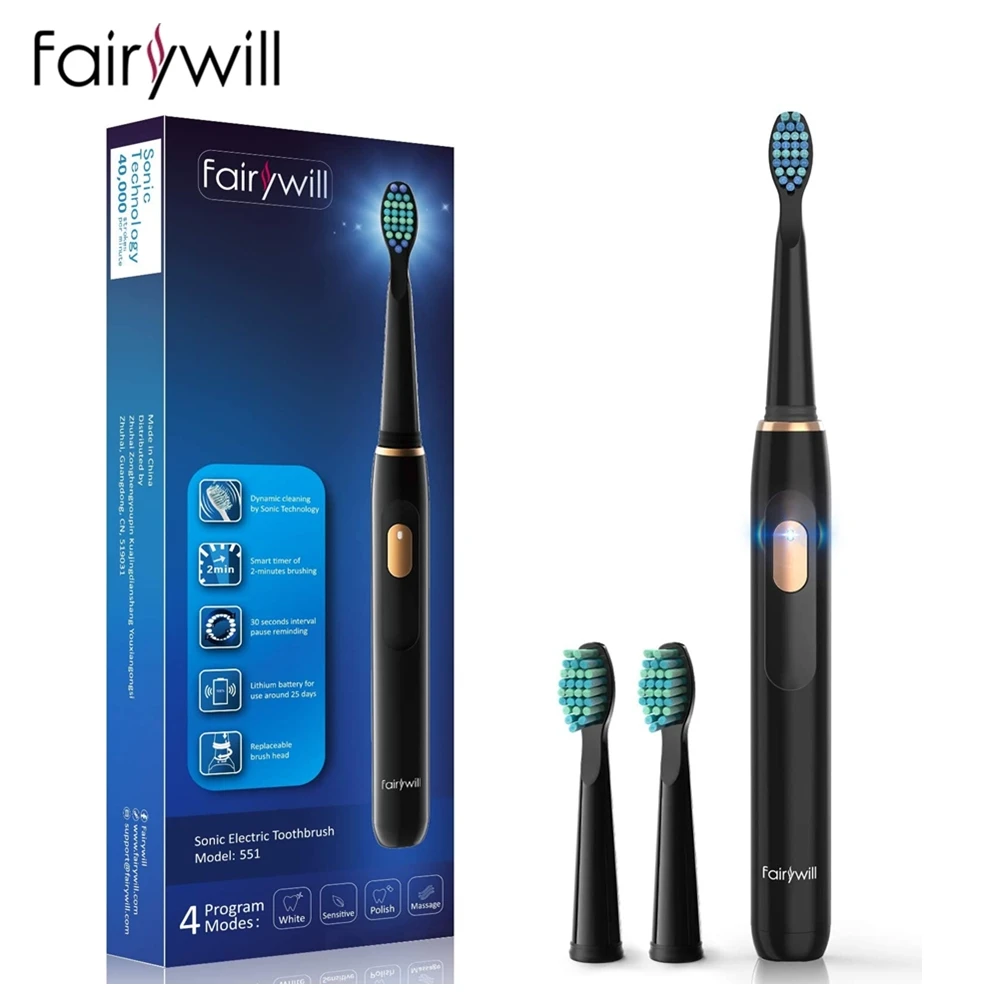 Электрическая звуковая зубная щетка Fairywill перезаряжаемая 4 режима USB быстрая