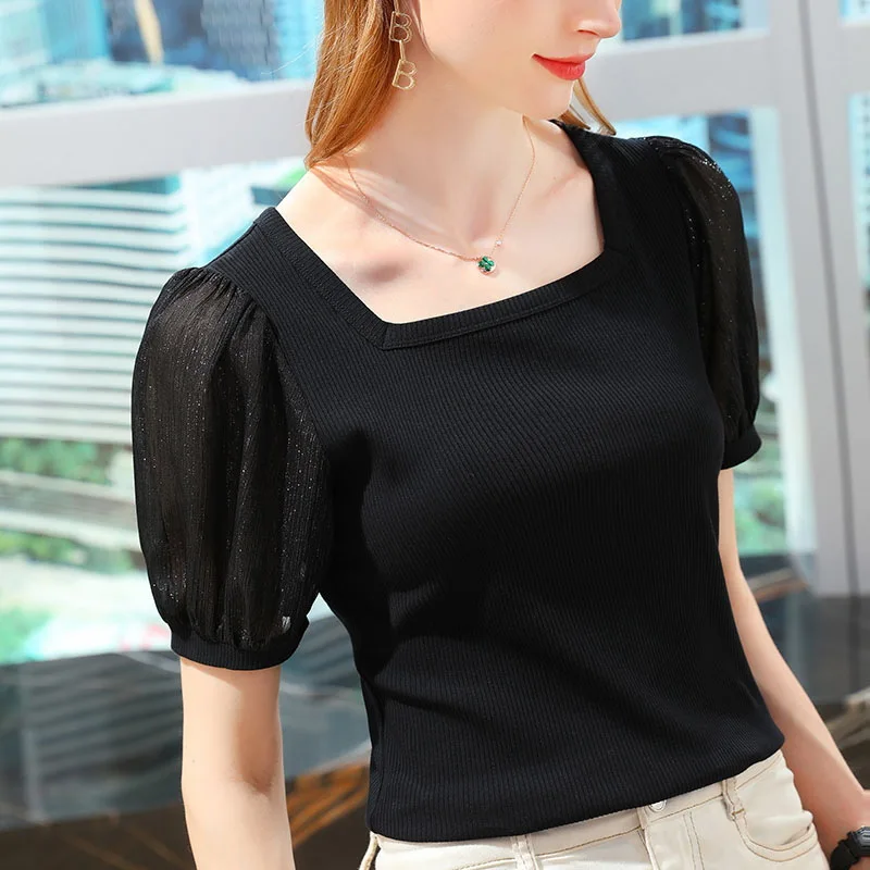 

Modal T-shirt women's 2021 new summer short sleeve T-shirt splicing bright screen yarn Solid Color Bubble Sleeve Top