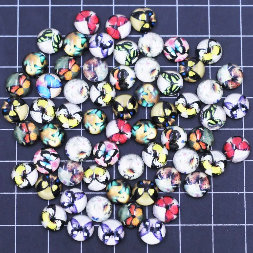 

50Pcs Cabochons Flat Back Photo Cameo Base Glass Round Butterfly Cat Wave Flower For Jewelry Making DIY Finding 8mm