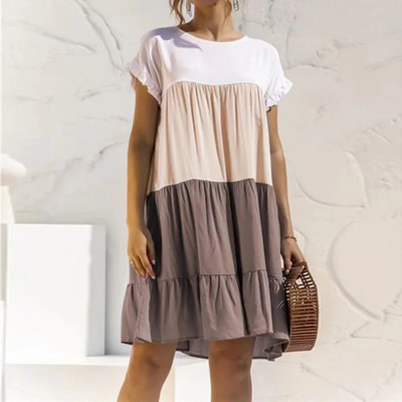 

Summer Women Ruffles Beach Dress O-Neck Stitching Short Sleeven Casual Loose Midi Dress Ladies Plue Size Sundress 2021 New