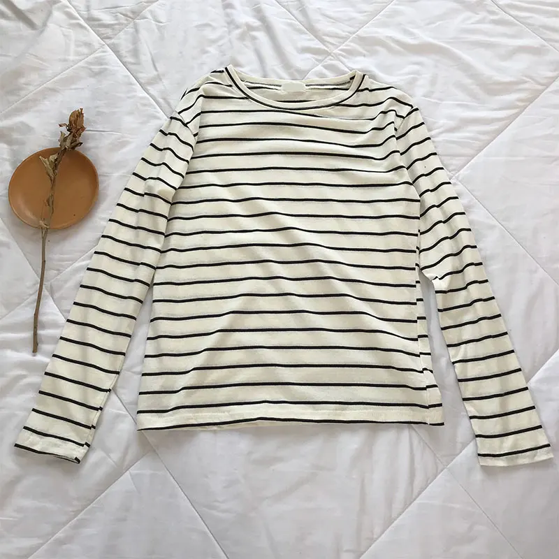 White stripe 22 Однотонная футболка с длинным рукавом Женская Kpop шикарная свободная хлопковая Футболка с круглым вырезом черная Harajuku Kawaii простая Базовая футболка Femme - Цвет: White stripe