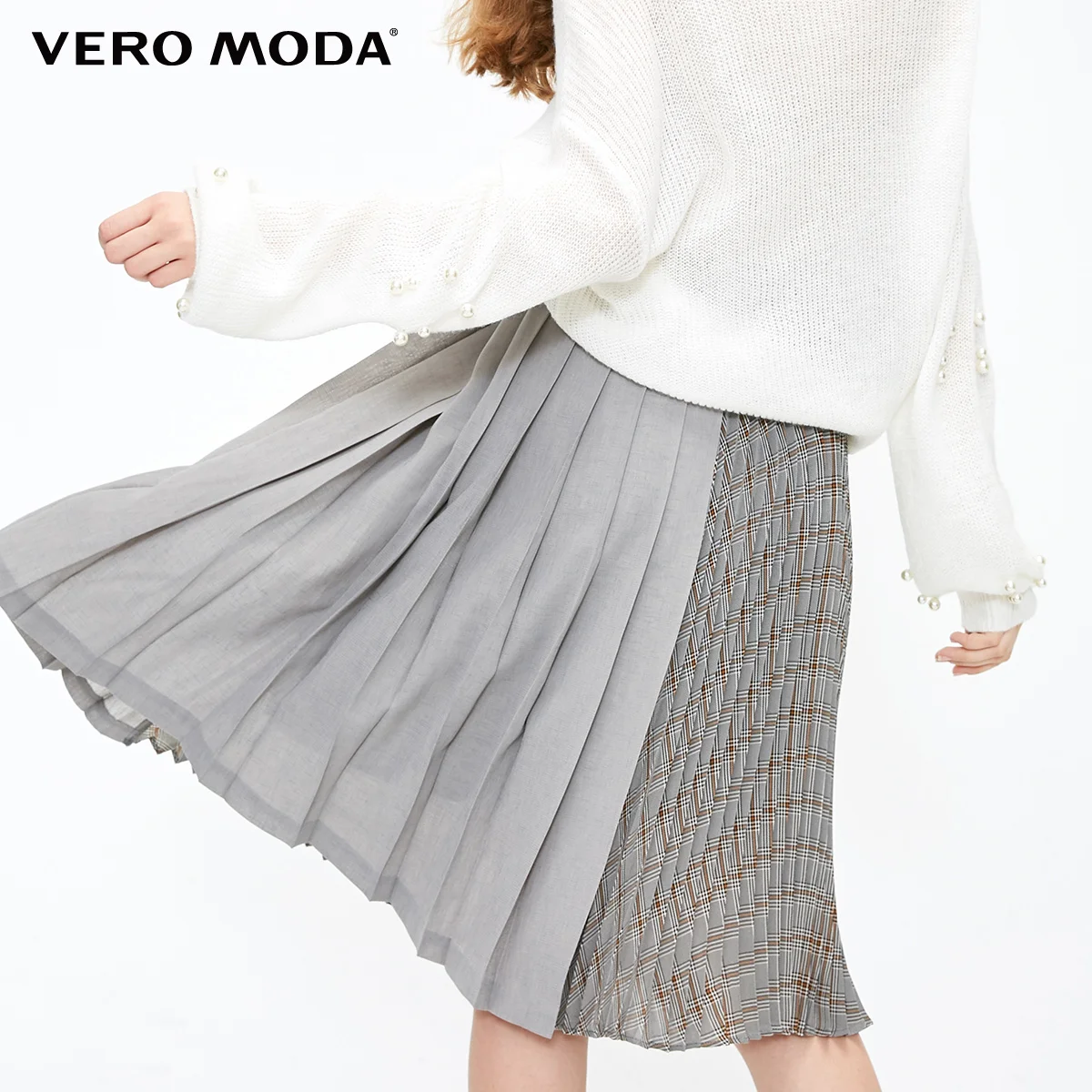 Vero Moda Женская контрастная плиссированная юбка средней длины с узором «гусиная лапка» | 318316543