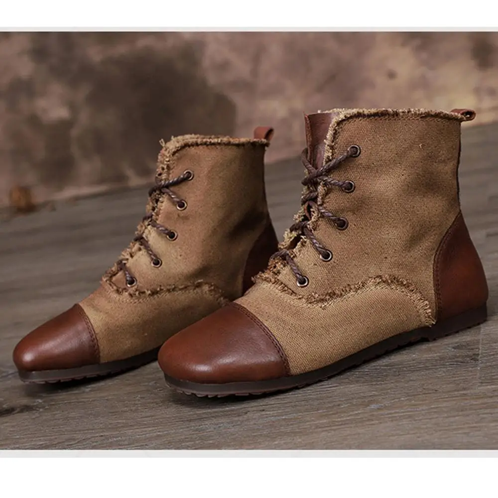 

Female Genuine Cow Patchwork Leather Woman Handmade Flat Shoes Ankle Black Lace-up Boots Low Heels Riding Normal Size 2019