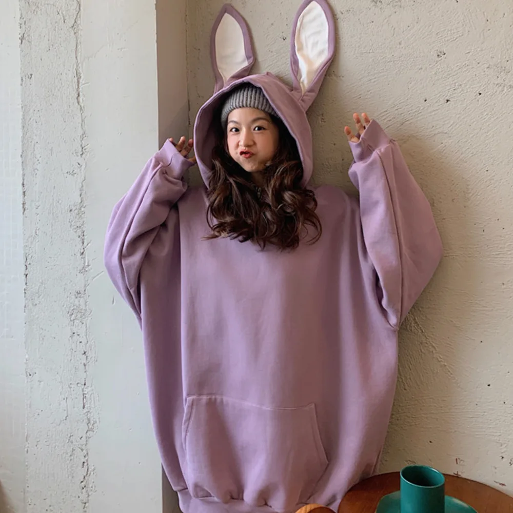 

Толстовки большого размера из тонкого и бархата, осенняя одежда с длинными рукавами и кроличьими ушками