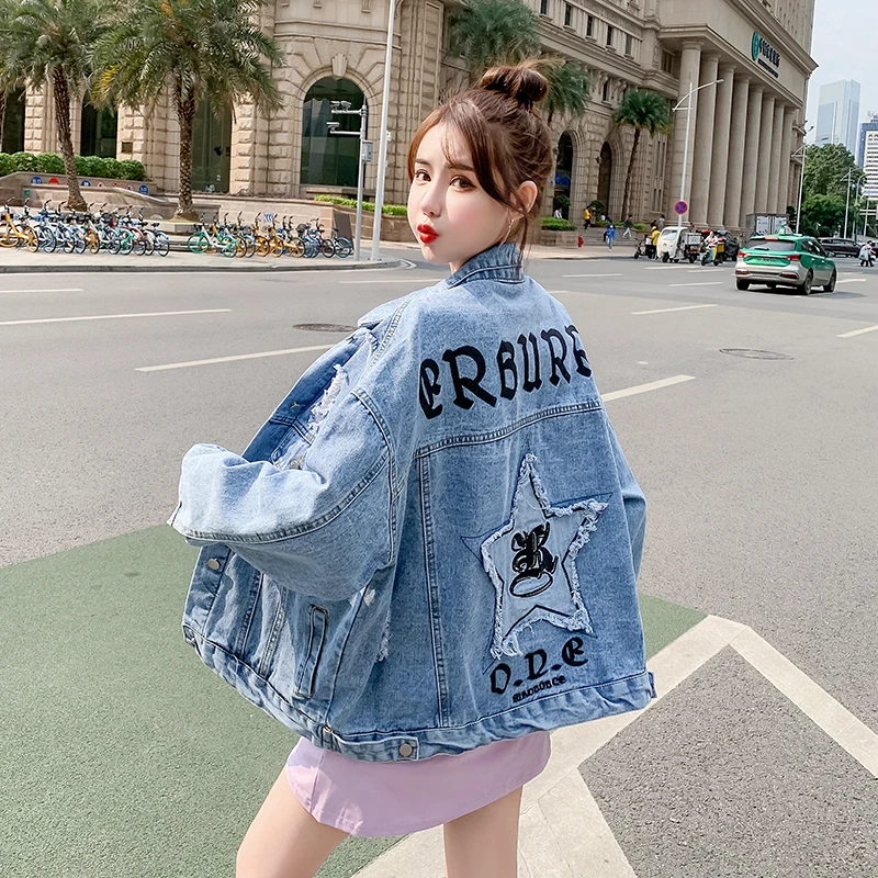 

Джинсовый жакет для женщин джинсовые куртки детская верхняя одежда осень 2021 весенние корейские Стиль осенние отверстия в винтажном стиле д...