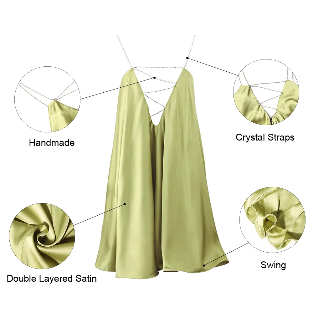 

Sexy Summer Dress Diamates Chain Strap Doule Layers Satin Mini Dresses For Women Vacation Outfits Club Party Vestidos Femme