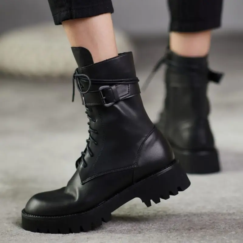 

KemeKiss Real Leather Women Ankle Boots Flats Round Toe Shoes Metal Decoration Winter Boots Party Footwear Size 33-40