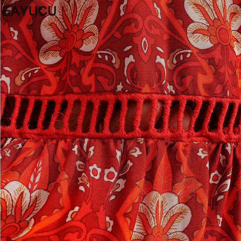 

EAYUCU Boho style women summer cotton dress V neck ruffles floral print short sleeve long female beach dresses vestidos ED162