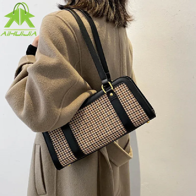 

Top Quality Luxury Brand Purses and Handbags Designer Woolen Cloth Shoulder Bags for Women Fashion Lattice Underarm Sac A Main