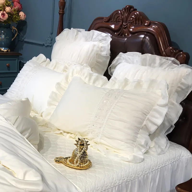 

Beige Cream White Lace Princess Duvet Cover Bed set 4/6Pcs Girls Egyptian Cotton Bedding set Quilted Cotton Bed Skirt/Bedspread