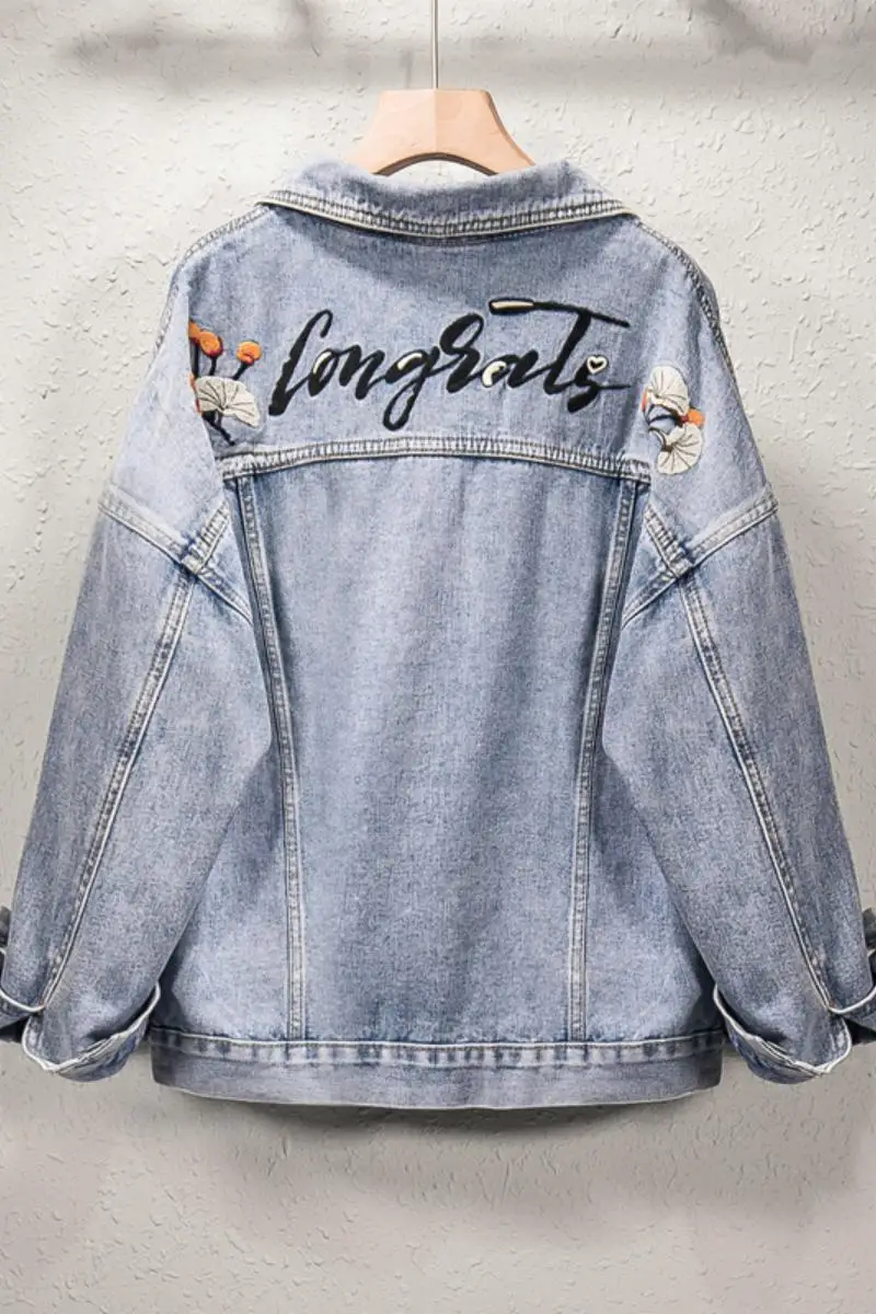 

2021 spring plus size women's slightly fat loose denim jacket suitable for fat sister embroidered jacket tops