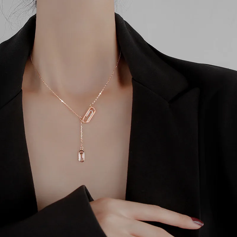 

Paper Clip Pendant Necklace 925 Sterling Silver Shining Zircon Paved Chain Double Pins Charm Fashion Necklaces for Women Jewelry