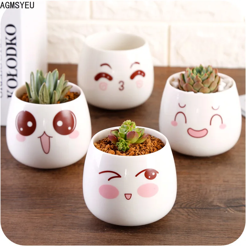 

AGMSYEU simple creative cartoon expression stoneware flower pot office desktop plant potted ornaments home decoration