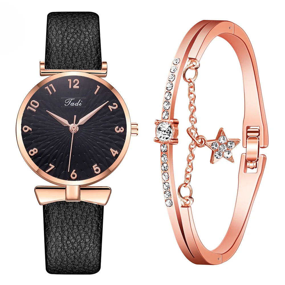 【Watch+Bracelet】Women Watch Bracelet Set Arabic Numbers Quartz Luxury Ladies Leather Strap Wristwatches Relogio Feminino | Наручные