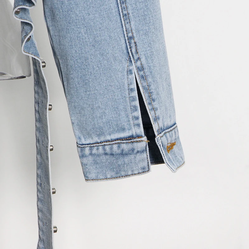 

ECRURANI Patchwork Casual Blue Denim Diamonds Jacket For Women Lapel Long Sleeve Loose Jackets Female 2021 Fashion New Clothing