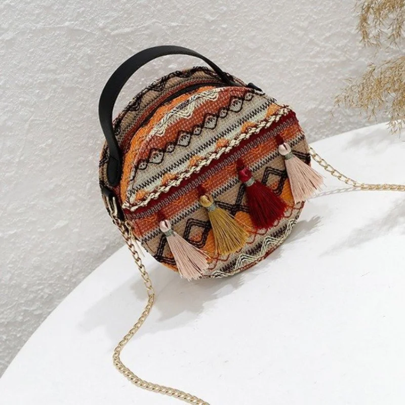 

Летняя женская сумка, новинка 2021, Сумка с кисточкой, маленькая круглая сумка, Ретро сумка через плечо в этническом стиле