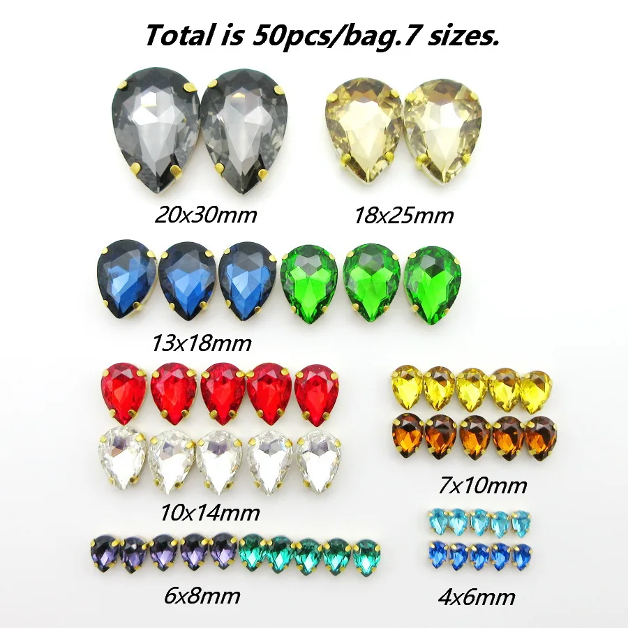 Красочные стеклянные хрустальные капли в форме воды 7 размеров микс 50 штук пакет
