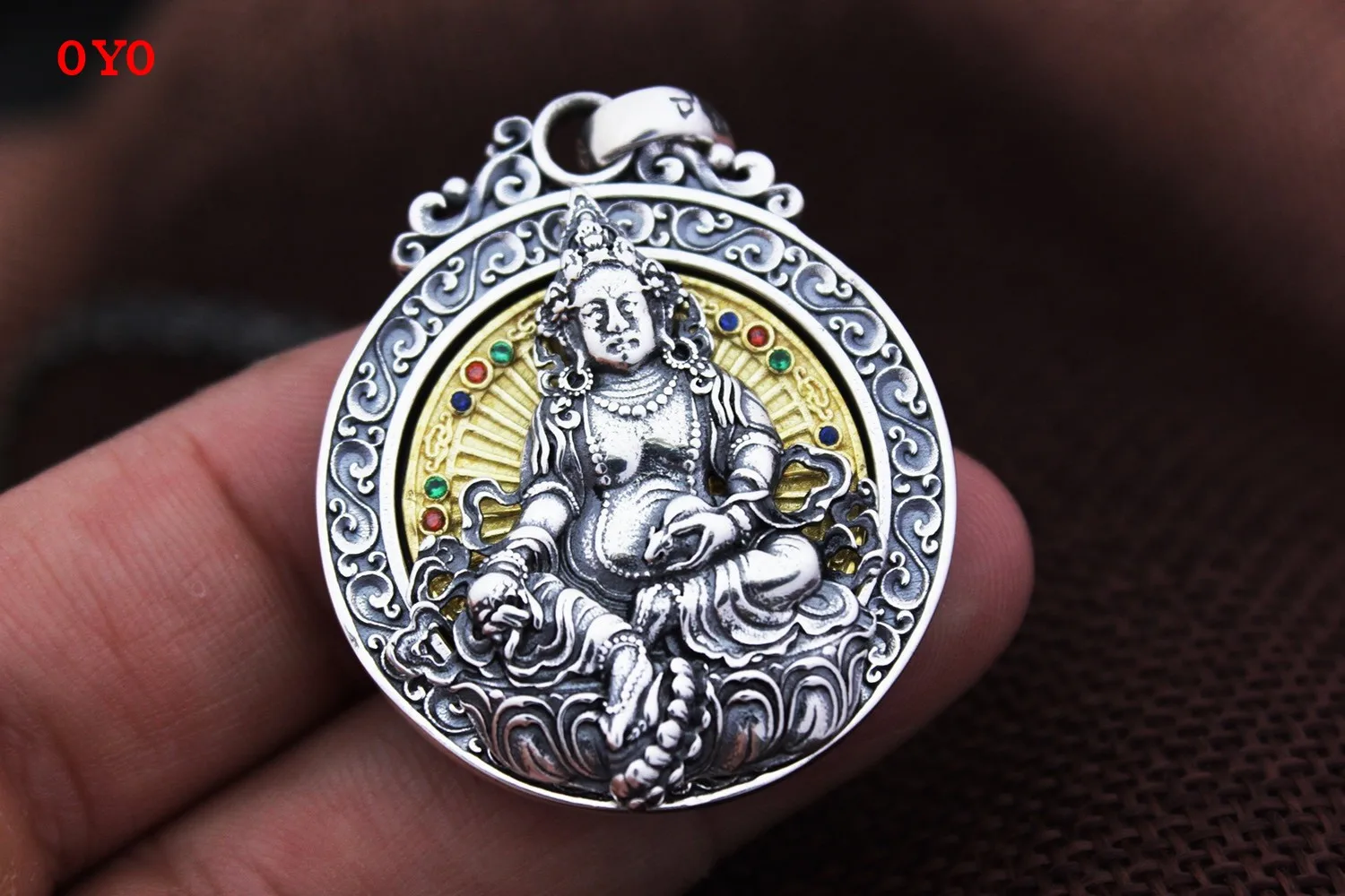 S925 Lucky Yellow God of Wealth Rotating Six-character Mantra Vintage Thai Silver Necklace Pendant, the yellow part will rotate