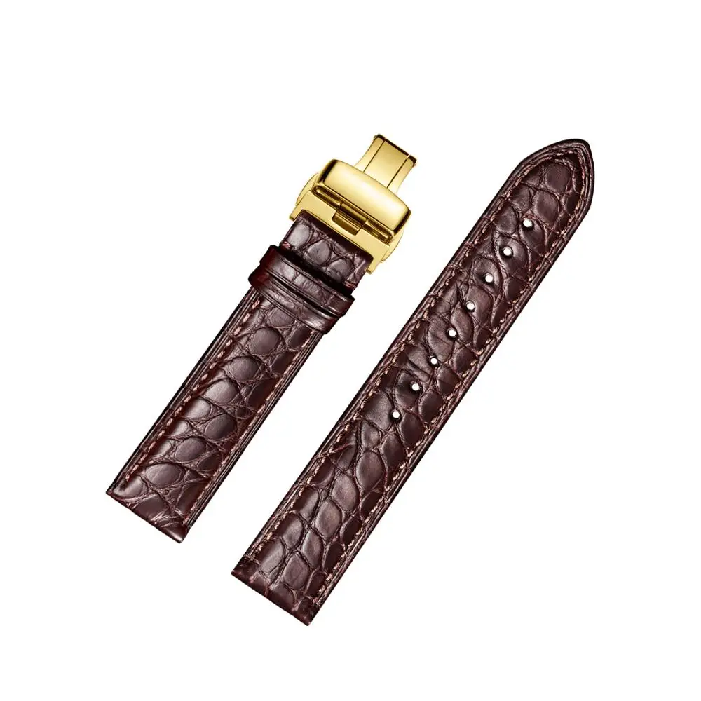 Ремешок для часов под крокодиловую кожу 18 мм, 19 мм, 20 мм, 21 мм, 22 мм, 23 мм, 24 мм, кожаный ремешок для часов из кожи аллигатора, ремешок с пряжкой-бабочкой - Цвет ремешка: Brown Brown Gold
