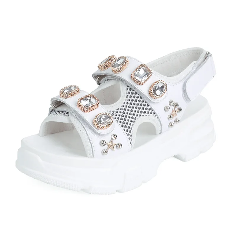 

2019 summer all-match thick bottom magic sticker women's Rhinestone sandals women's genuine leather shoes