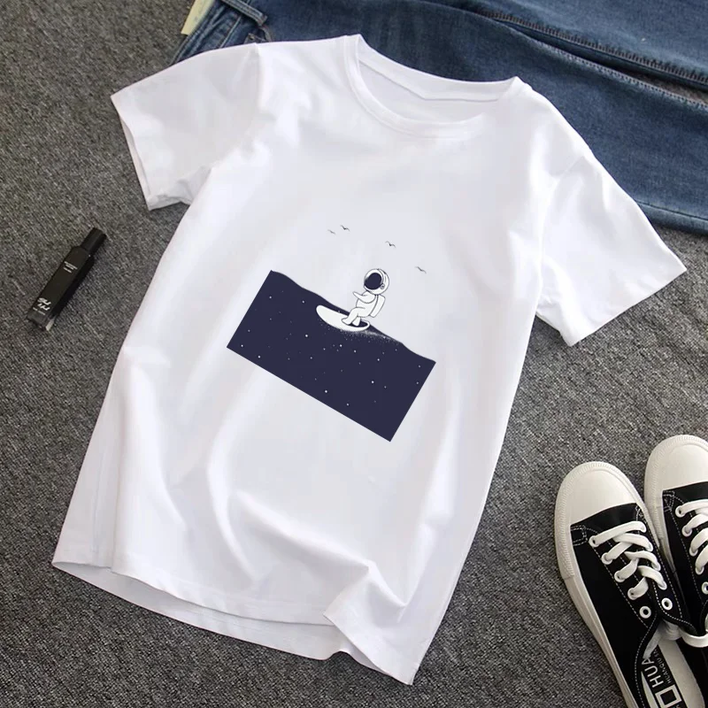 

Summer Fashion Shirt Space Voyage Graphic T Shirt White Tees 90s Fashion Kawaii Women Tops Base O-neck Top Tees Female