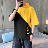 2021 summer men tshirt casual patchwork loose hooded tops tees shirts male new sportswear hoodie short sleeve t shirt clothing