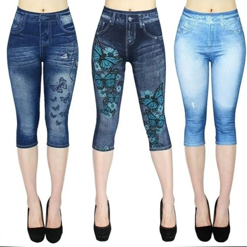 

New Faux Jeans Leggings Women Stretch Printed Short Leggins Plus Size Calf-Length Pants Summer Breeches High Waist Jeggings