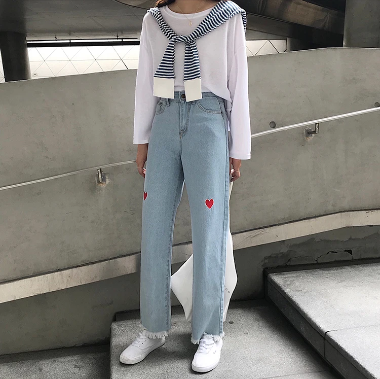Джинсы женские Ulzzang милые Kawaii Вышивка Уличная Новинка шикарный корейский стиль Высокая талия Свободные простые Универсальные женские брюки s